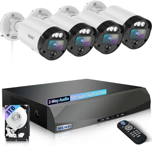Almacenamiento de 90 días y audio de 2 vías sistema de cámara de seguridad con cable de 5 MP para exteriores, sistema de cámara de seguridad con