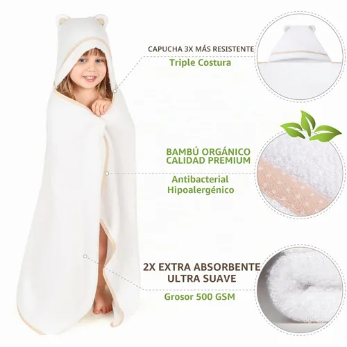 Vista 3 de Toallas prémium con capucha para niños pequeños, toalla de baño de rayón extra suave de bambú (beige)