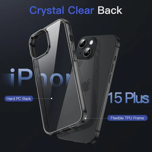 Vista 3 de JETech - Funda para iPhone 15 Plus de 17 cm, cubierta a prueba de golpes sin amarillamiento, parte trasera transparente antiarañazos (negro)