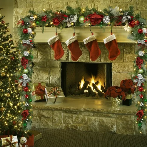 Vista 3 de Guirnalda de Navidad de 6 pies con luces, guirnalda artificial preiluminada de Navidad con conos de pino y flor de pascua, guirnalda de Navidad Oro