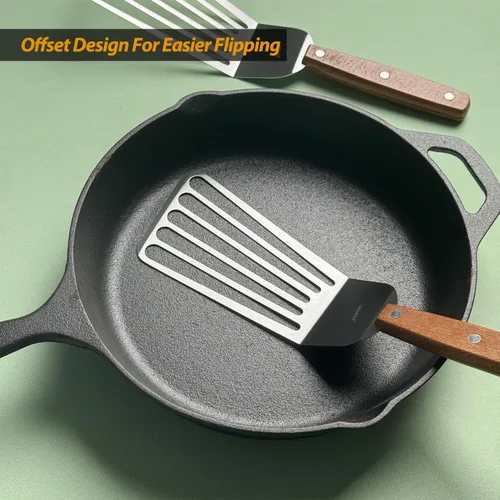 Vista 5 de Paquete de 2 espátulas de pescado desplazadas, espátulas ranuradas de acero inoxidable para voltear, girar, freír y asar, espátulas ranuradas