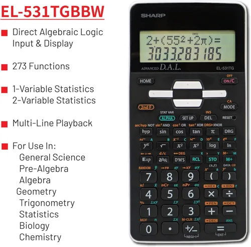 Vista 6 de Sharp EL-531TGBBW Calculadora científica/de ingeniería de 12 dígitos con tapa dura protectora, batería y pantalla LCD híbrida solar, ideal
