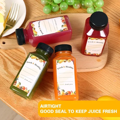 Vista 6 de Moretoes 12 botellas de plástico para jugo de 8 onzas con tapas, botellas de agua reutilizables vacías transparentes, recipientes desechables