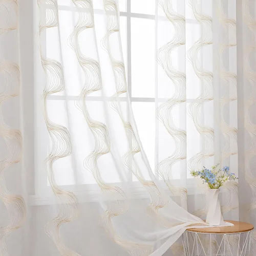 Vista 23 de VISIONTEX Cortinas traslúcidas blancas de 95 pulgadas de largo, juego de 2 paneles de cortinas beige marroquíes bordadas en enrejado, textura