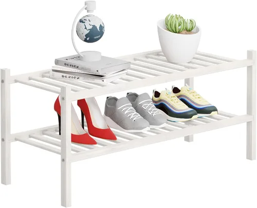 Vista 12 de Zapatero de bambú de 2 niveles para armario, organizador multifuncional apilable de pie para espacios pequeños, entrada, pasillo, baño, 27 x 11 x 13