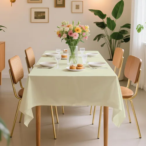 Vista 6 de Paquete de 10 manteles desechables de plástico premium de 54 x 108 pulgadas, mantel rectangular para mesa, para cumpleaños, bodas, Navidad, Beige