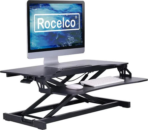 Vista 21 de Rocelco Convertidor eléctrico de escritorio de pie de 46 pulgadas con cargador USB de salida de CA, altura motorizada ajustable, elevador de triple