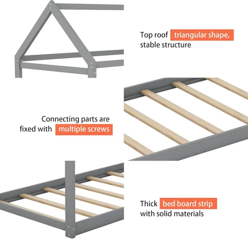 Vista 4 de Merax Cama de casa de madera, cama de piso con listones de madera, no necesita somier, tamaño individual, gris