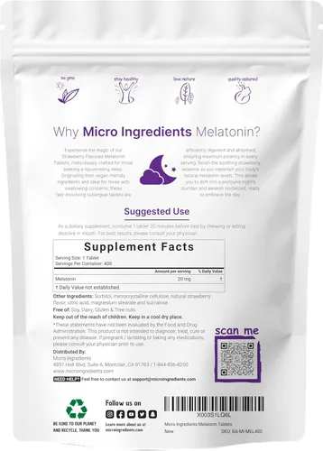Vista 2 de Micro Ingredients Melatonina 20 mg, 400 tabletas Sabor natural de fresa Disolución rápida Sin drogas Apto para vegetarianos Sin OMG, sin