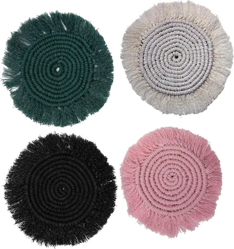 Vista 5 de Posavasos de macramé 100% algodón hechos a mano en la India, elegante y absorbente de 6 pulgadas, juego de posavasos redondos bohemios con borlas