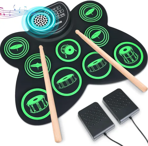 Ragstone Juego de Batería Electrónica, Juego de Batería para Niños Enrollable con Altavoz Estéreo Dual, MIDI, Pedales de Pie, Bacines, Ideal para