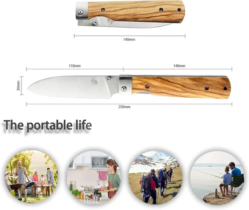 Vista 2 de Cuchillo de bolsillo plegable japonés ultra afilado de acero inoxidable 440A SENBON, cuchillo de utilidad para pelar con mango natural de oliva