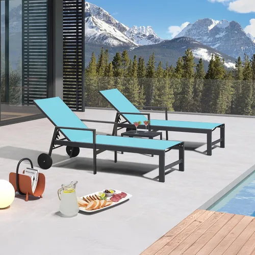 Vista 10 de PURPLE LEAF Tumbona para exteriores con ruedas para exteriores, 2 piezas, silla de patio de aluminio con 5 posiciones ajustables reclinables