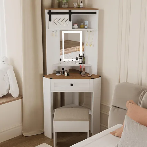 Vista 30 de ARTETHYS Pequeño escritorio de tocador con espejo deslizante y luces, juego de tocadores de maquillaje blancos con cajones, tocador compacto