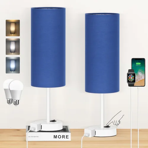 Vista 11 de ZJOJO Juego de 2 lámparas de mesa para dormitorio, lámparas pequeñas de noche con interruptor basculante regulable de 3 vías y toma de corriente