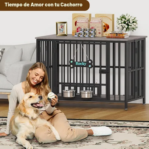Vista 8 de Easycom 41" Mueble de Jaula para Perros Plegable, Sin Montaje, Perrera Decorativa para Interior, Cajas para Perros Grandes (15-27 kg), Jaula