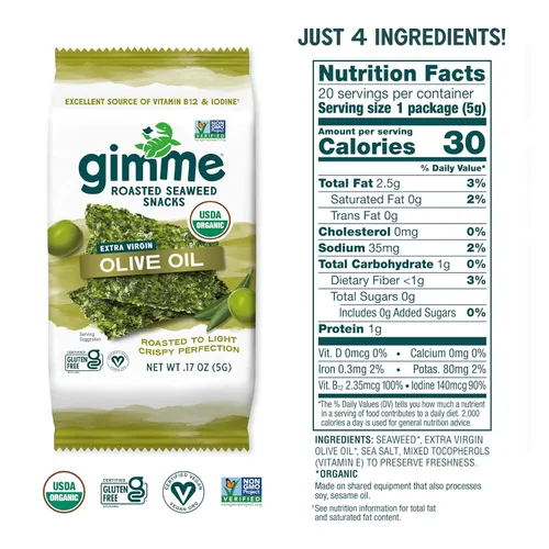 Vista 57 de Gimme Algas Marinas Aperitivos de Algas Marinas Tostadas Orgánicas Premium, Chile Lima, 20 Unidades, Keto, Vegano, Sin Gluten, Gran Fuente
