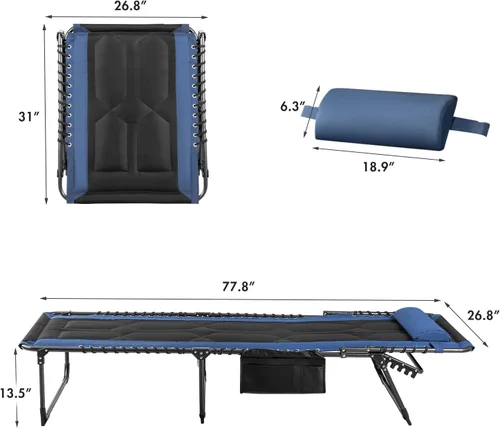Vista 3 de Flamaker Tumbona plegable al aire libre, sillas de descanso portátiles para exteriores, silla de camping ajustable de 4 posiciones con almohada