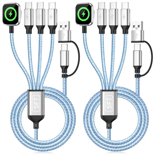 Vista 10 de Cable de Carga Múltiple para Cargador de Apple Watch, 4 en 1 Cable Cargador de Teléfono USB A/C con Doble Tipo-C/IP, Cable Magnético iWatch de Nylon