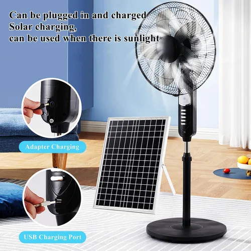 Vista 2 de Ventilador de panel solar portátil, ventilador de pedestal solar de 16 pulgadas con luz LED y puerto USB, ventiladores oscilantes de pie de 3