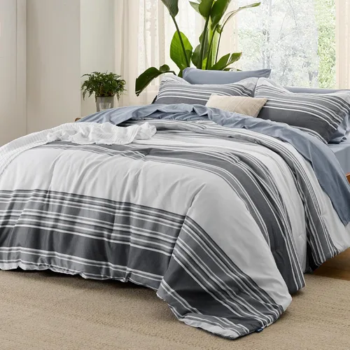 Vista 31 de Bedsure - Juego de edredón de 5 piezas, juego de ropa de cama a rayas gris para todas las estaciones, reversible, teñido catiónico, juego de cama