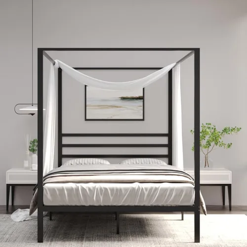 Marco de cama Golden Gate con diseño de cuatro pósteres, listones de metal resistentes y cabecera integrada, se adapta a cortinas o cortinas, no