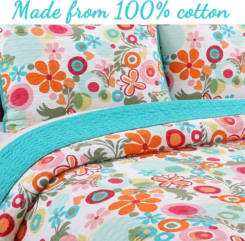 Vista 2 de Cozy Line Home Fashions Juego de ropa de cama reversible 100% algodón reversible para niña, color rosa, verde, azul, naranja