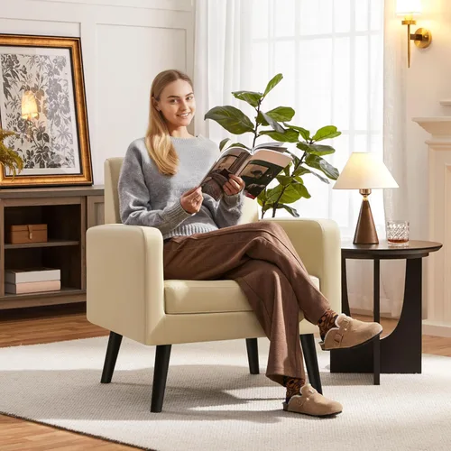 Vista 2 de Yaheetech - Sillas de acento de mediados de siglo, silla moderna tapizada de piel sintética para sala de estar, sillón acogedor con respaldo