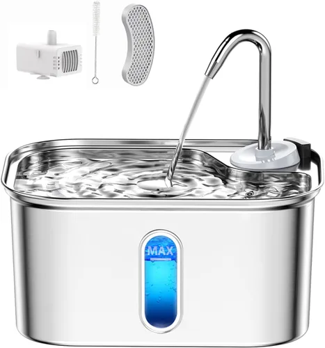 Fuente de agua para gatos de acero inoxidable para gatos en interiores por SUS304 sin BPA, filtro eficaz de 6 capas para beber 2.5 L, 85 onzas, 20