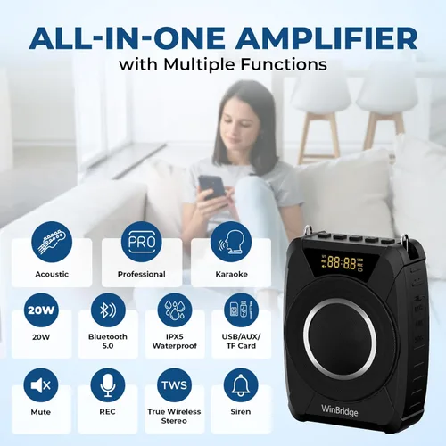 Vista 6 de Micrófono inalámbrico amplificador de voz, sistema PA portátil de 20 W con micrófono Bluetooth y auriculares, micrófono portátil impermeable