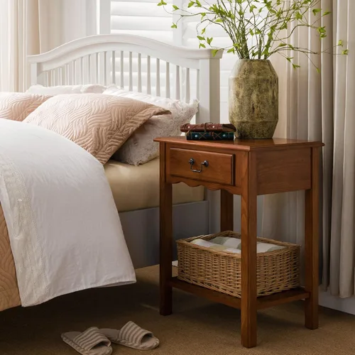 Vista 2 de Salem Solid Wood Nightstand with Drawer and Shelf, Medium Oak Brown, Perfect for Bedrooms, Living Rooms, and Small Spaces – Leick Home, 9067-MED