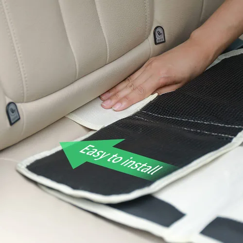 Vista 3 de Protector de asiento de coche beige para bebé y niño – Funda impermeable antideslizante para asiento de automóvil con 2 bolsillos de malla