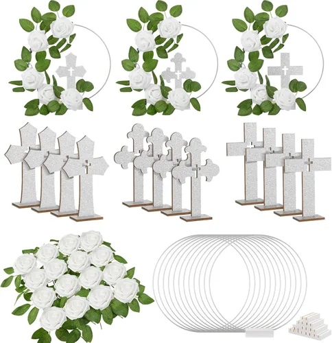 Vista 9 de Wesiti 48 piezas Centro de mesa para bautizo, decoración de mesa para primera comunión, 12 cruces de madera, 12 aros florales con soporte, 24 rosas