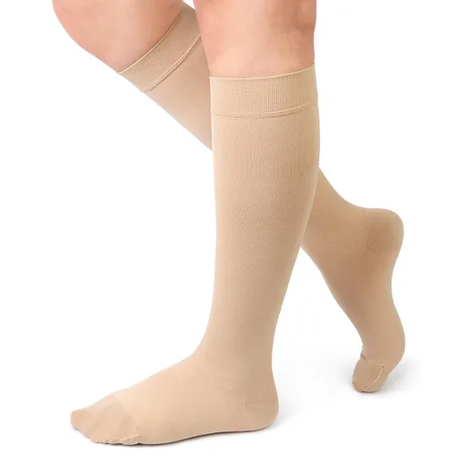 Beister Calcetines de compresión de punta cerrada hasta la rodilla para mujeres y hombres, soporte graduado firme de 20-30 mmHg para venas Beige