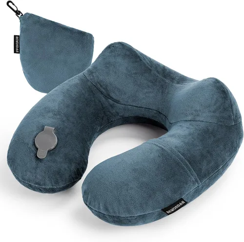 Vista 10 de Rewondah Almohada inflable de viaje para avión dormido, almohada inflable para el cuello para viajar en avión con funda lavable, almohada de viaje