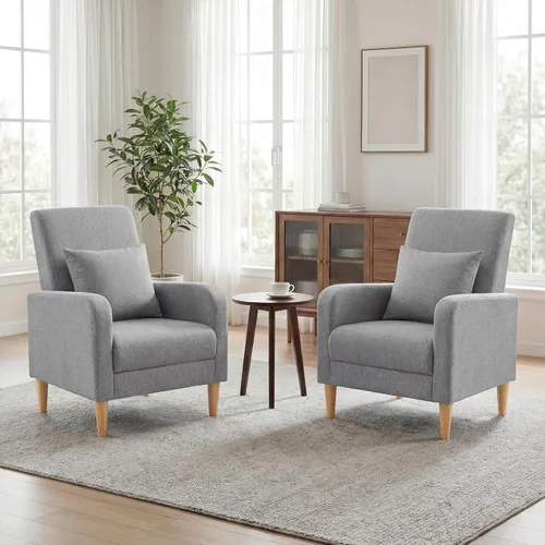 Vista 13 de COLAMY Silla decorativa moderna Mid-Century tapizada de tela con almohada trasera y patas de madera maciza, cómodo sillón para sala de estar Beige