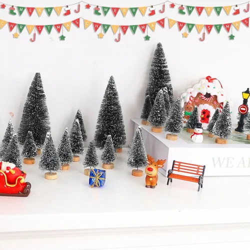 Vista 4 de 44Pcs Mini Christmas Trees Artificial Pine Trees,Black Sisal Trees Bottle Brush Trees Snow Frosted Christmas Tree with Wood Base for Christmas Home