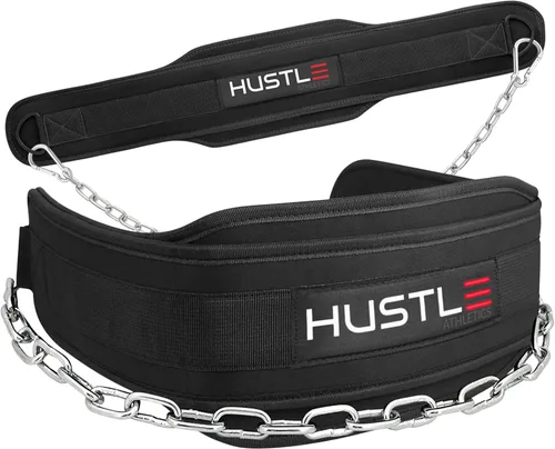 Hustle Athletics Cinturón de inmersión para levantamiento de pesas, dominadas y sentadillas con acolchado ergonómico y cadena de acero resistente,