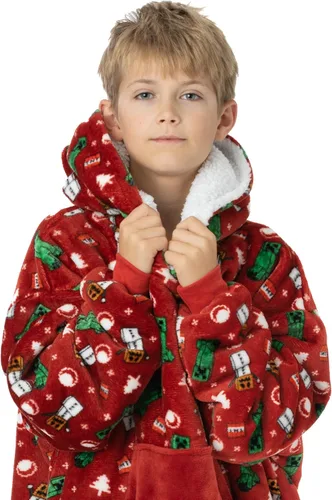 Vista 5 de Minecraft Manta de Navidad Vuddie de gran tamaño con capucha para niños y niñas, forro polar rojo