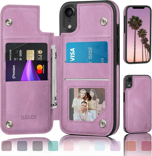 Vista 9 de DJDUCK Funda diseñada para iPhone XR con tarjetero y cierre magnético, protección de piel con bloqueo RFID, a prueba de golpes, para mujeres y Azul