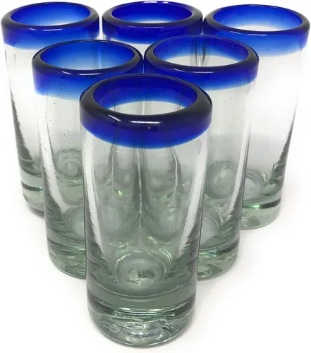 Vista 3 de Vasos de chupito de tequila mexicano soplados a mano, juego de 6 vasos de chupito de tequila con borde azul cobalto (2 onzas cada uno)
