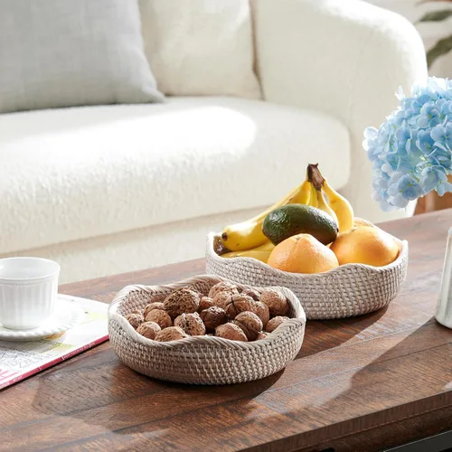 Vista 3 de YANGQIHOME Cestas de frutas redondas de ratán, cuencos de almacenamiento de mimbre, cuencos de cesta de servicio tejida natural, cestas decorativas