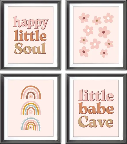 Póster bohemio de Little Babe Cave Happy Little Soul para habitación de niños, bebés, niñas, sala de juegos, guardería, decoración bohemia de flores