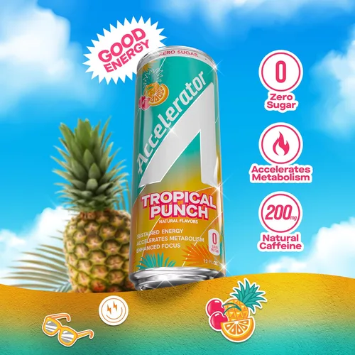 Vista 5 de Bebida energética Accelerator, ponche tropical, lata de 12 onzas (paquete de 12), sin azúcar, energía sostenida de cafeína 100% natural