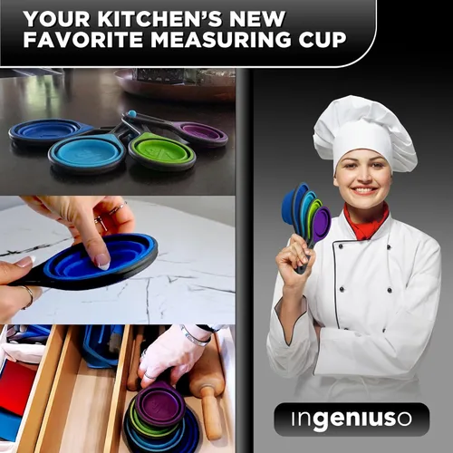 Vista 5 de Tazas medidoras plegables y cucharas anidables, silicona ajustable para cocinar, utilizada para artículos de cocina líquidos y secos, control