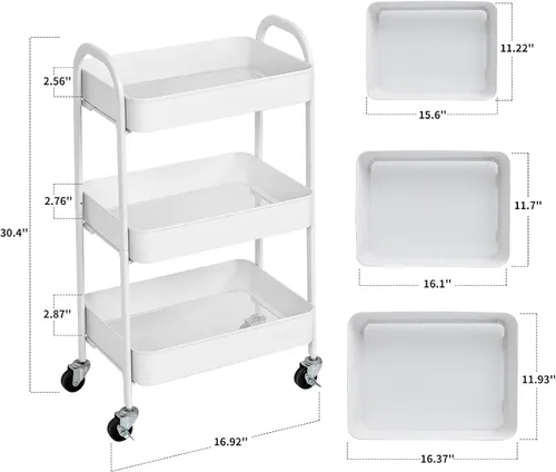 Vista 7 de Carrito con ruedas de 3 niveles, sin tornillos, carrito de almacenamiento de tres niveles, carrito de utilidad rodante con ruedas bloqueables