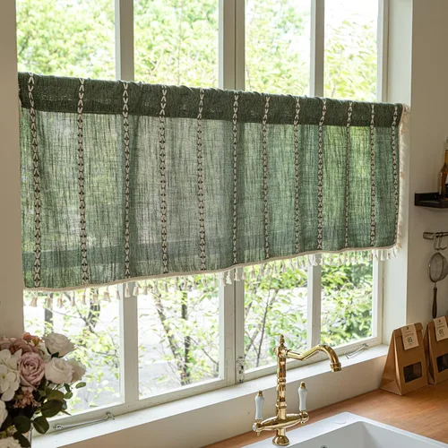 Vista 73 de Sutuo Home Cortinas de puerta francesa para puerta de patio, cortinas de lino semiopacas bohemias con borlas, tiras de granja a cuadros, decoración