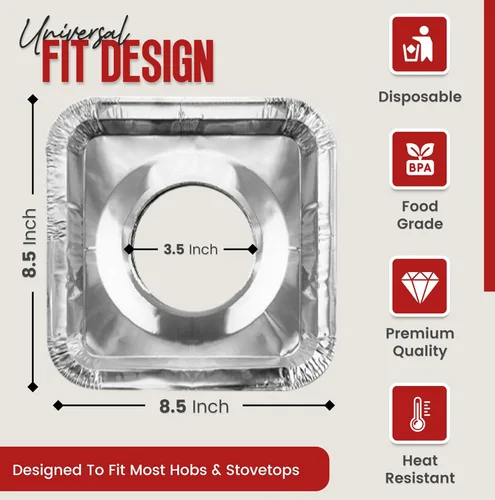 Vista 4 de Cubiertas de aluminio para quemadores de estufa de gas (paquete de 50) – Forros desechables para estufas de gas, cubiertas superiores resistentes al