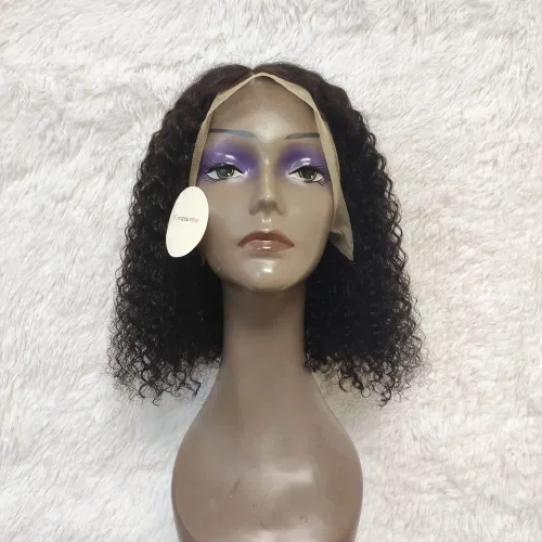 Vista 2 de Pelucas de cabello humano rizado rizado de 13 x 4 pulgadas con encaje frontal de oreja a oreja para mujeres, 1B, 8 pulgadas, corto, sin pegamento