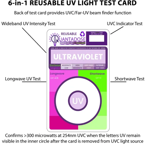 Vista 3 de 6 en 1 QUANTADOSE® Multi-longitud de onda bi-luminiscente UVA/UVB/UVC/Far-UVC luz reutilizable profesional UV tarjeta de prueba
